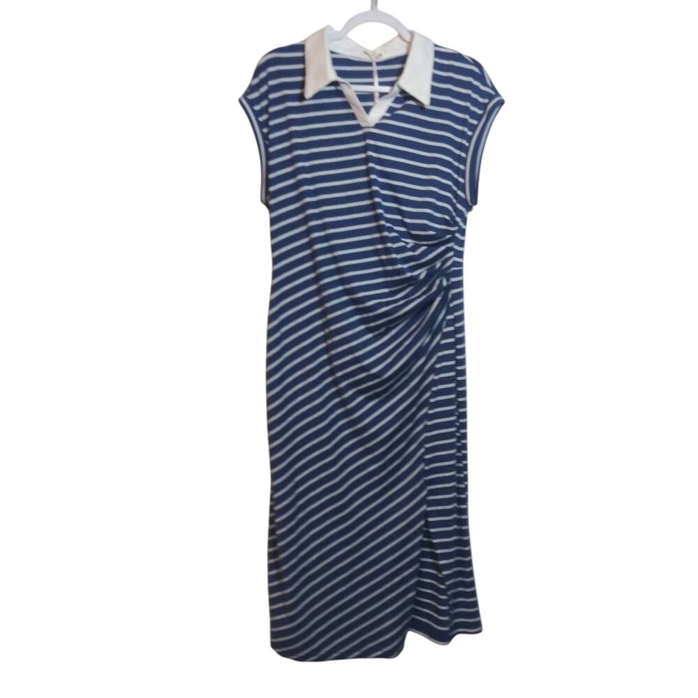 Grace Karin Striped Blue and White Polo Casual Ruched Midi Dress Sz L